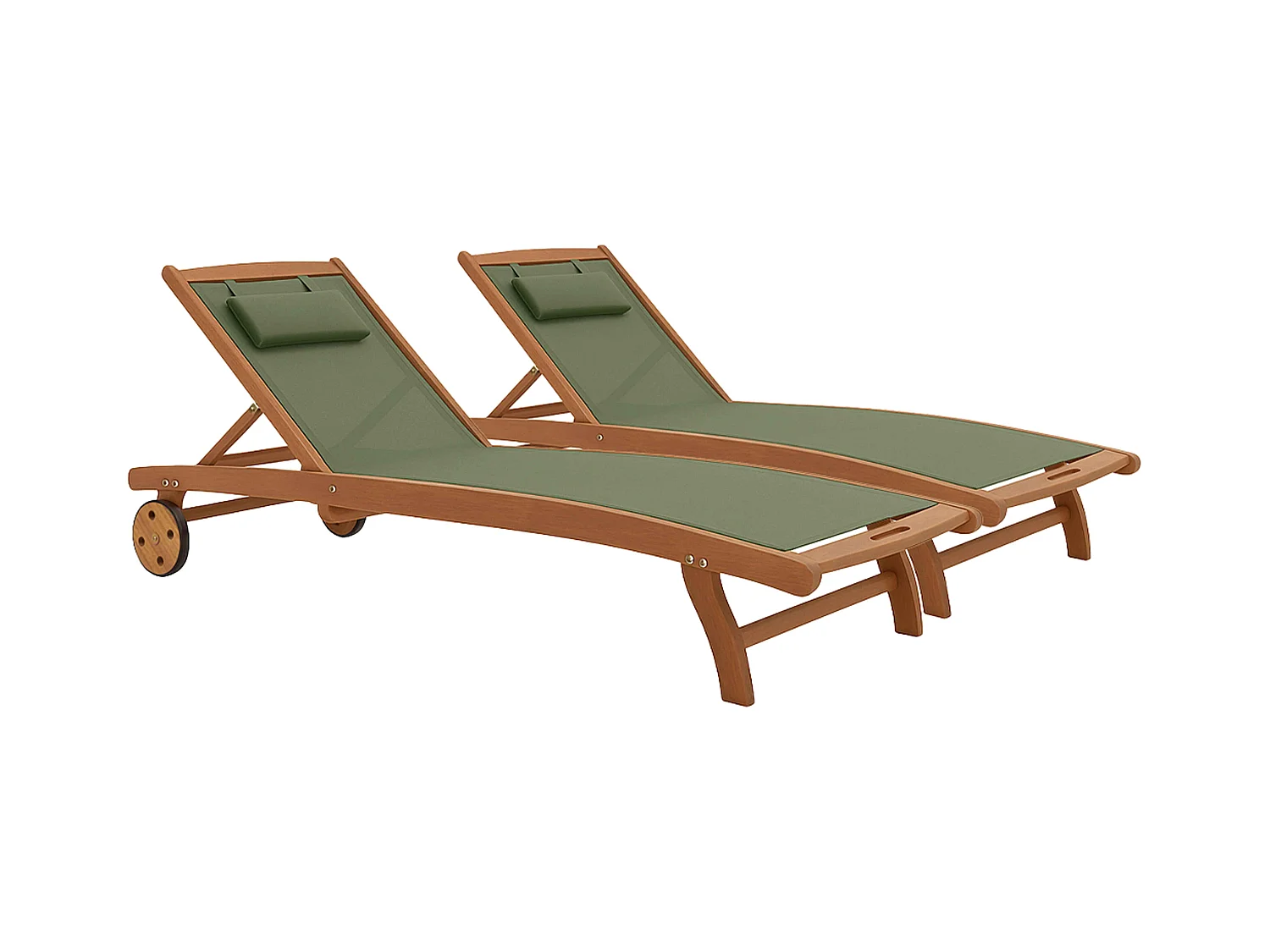 Lot de 2 bains de soleil en bois inclinable avec roues vert sauge - Aubagne
