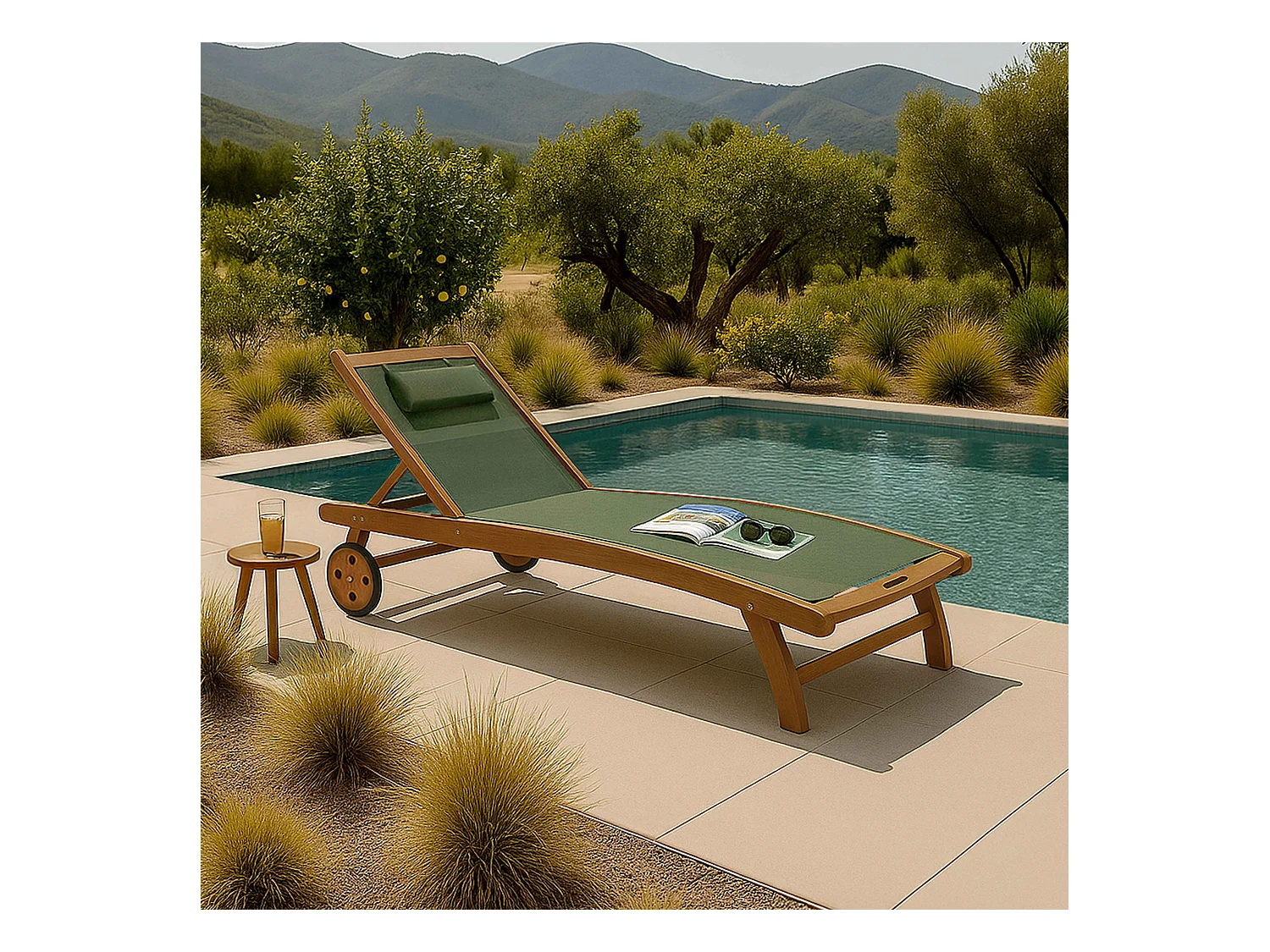 Lot de 2 bains de soleil en bois inclinable avec roues vert sauge - Aubagne