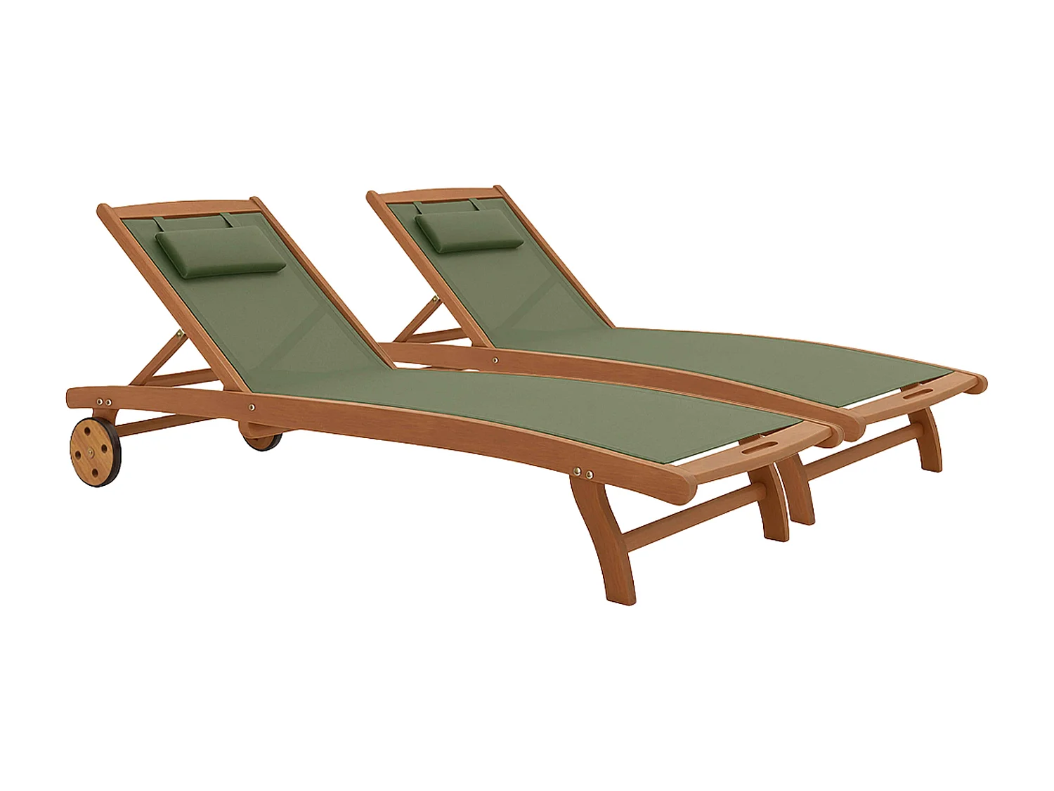Lot de 2 bains de soleil en bois inclinable avec roues vert sauge - Aubagne