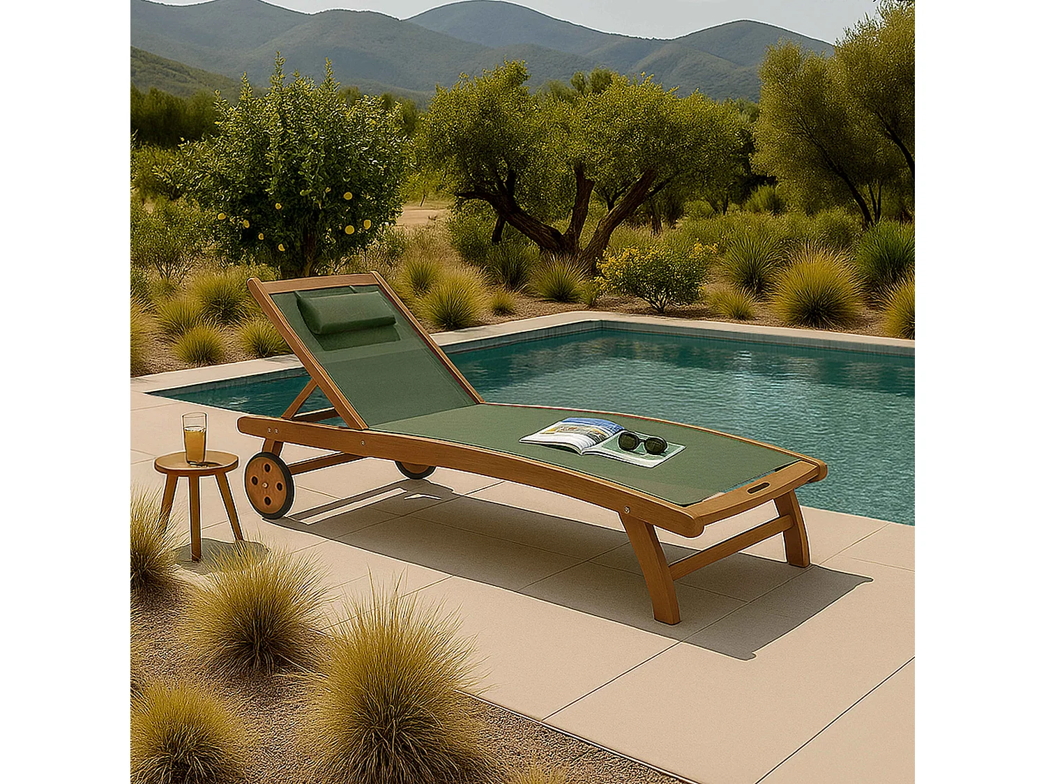 Lot de 2 bains de soleil en bois inclinable avec roues vert sauge - Aubagne