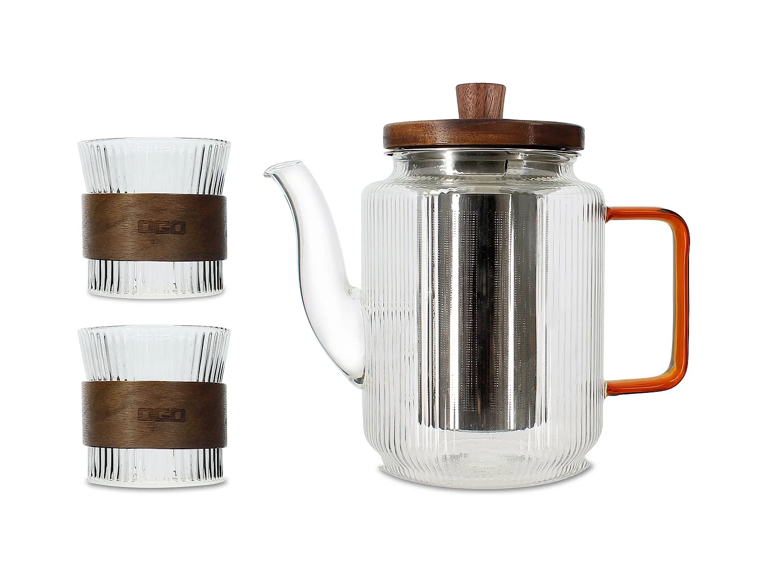 Ogo Living - Theiere Karl 550ml En Verre Borosilicate Anse Ambre Avec 2 Tasses 15cl