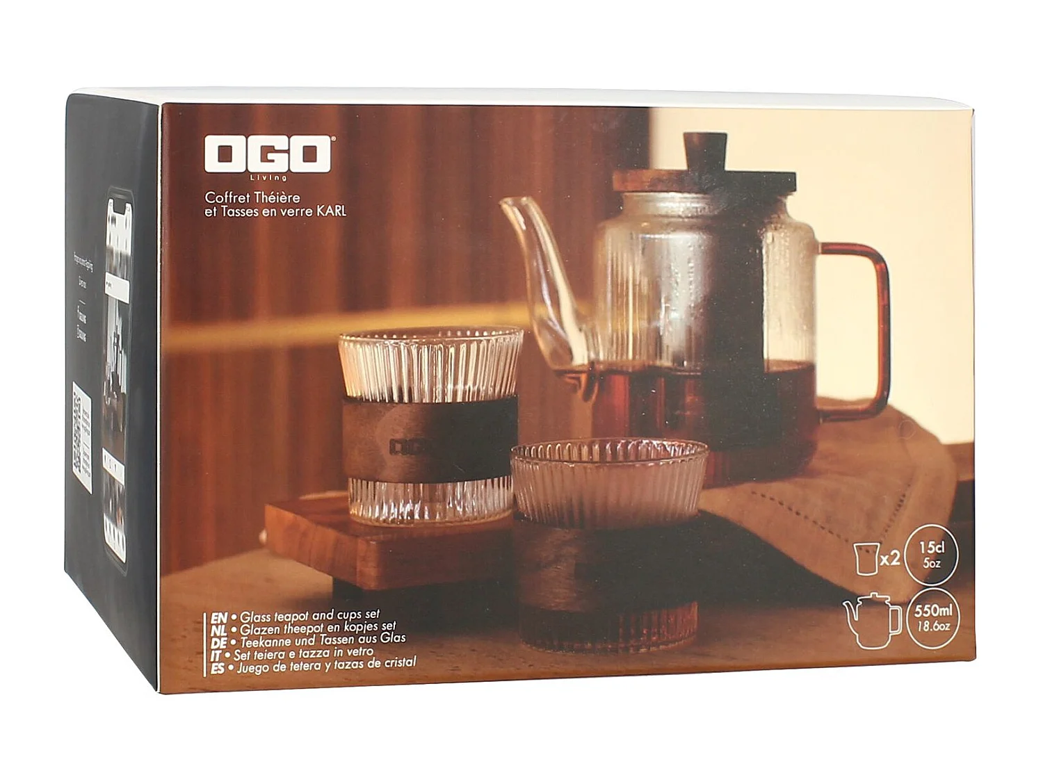 Ogo Living - Theiere Karl 550ml En Verre Borosilicate Anse Ambre Avec 2 Tasses 15cl