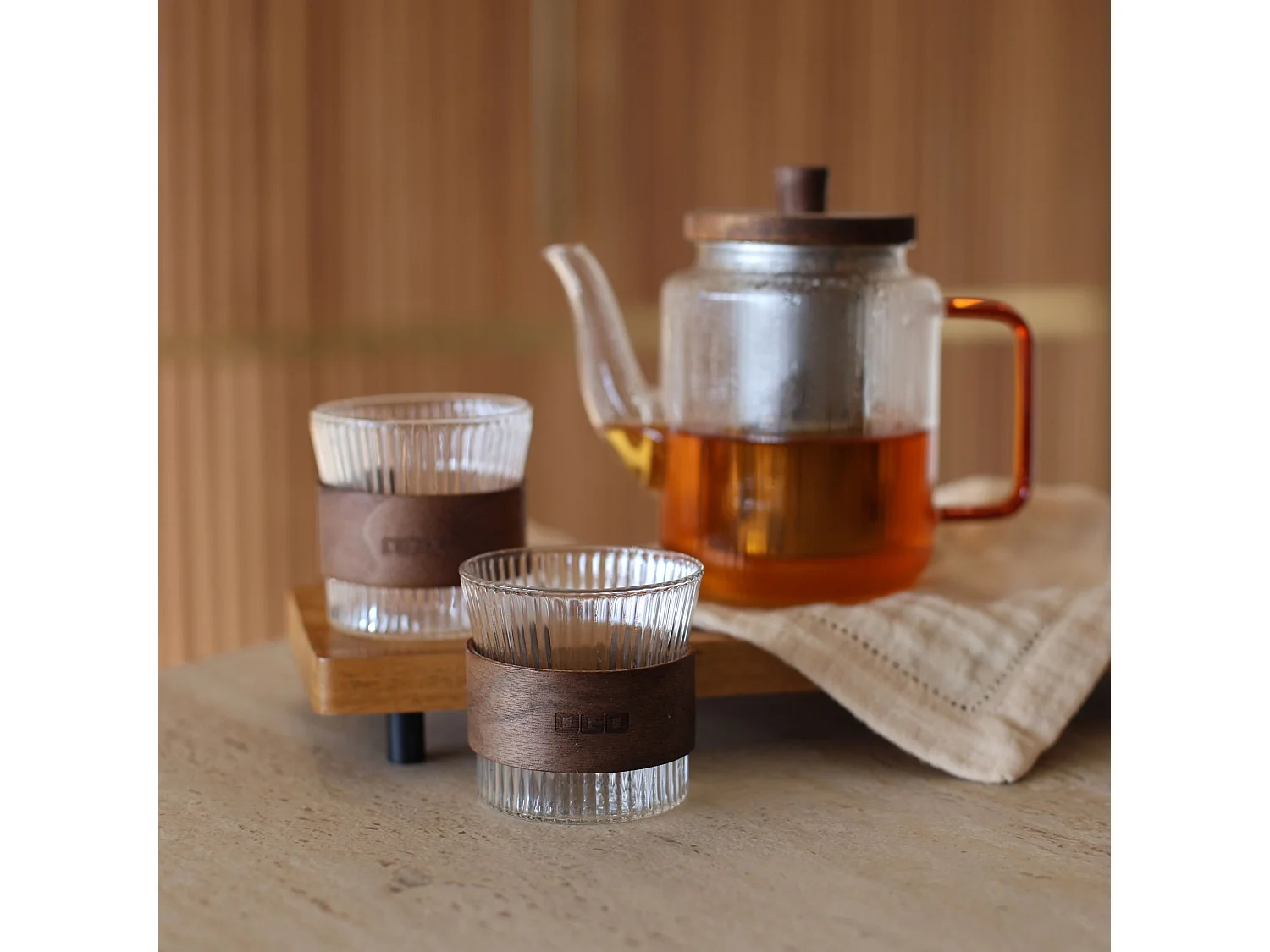 Ogo Living - Théière Karl 550ml En Verre Borosilicate Anse Ambre Avec 2 Tasses 15cl