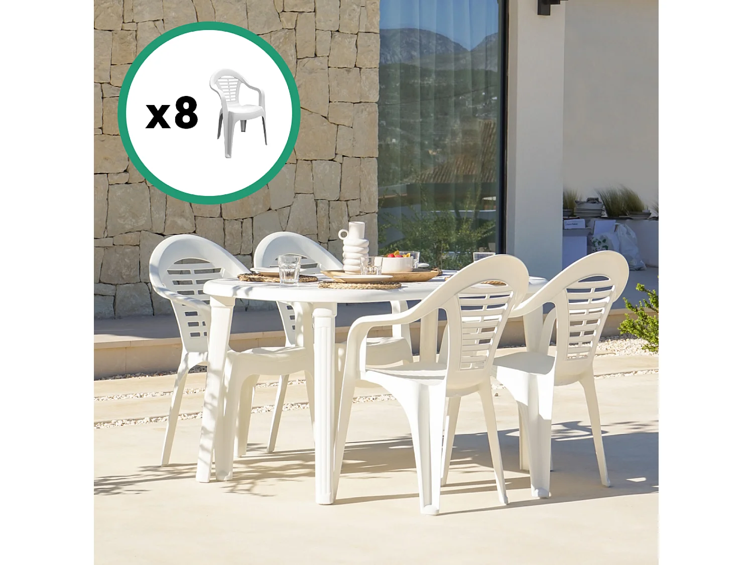 Table extensible 170x90x73cm blanche + 8 chaises ATLANTICA
