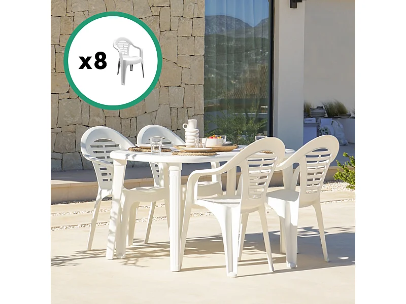 Table extensible 170x90x73cm blanche + 8 chaises ATLANTICA
