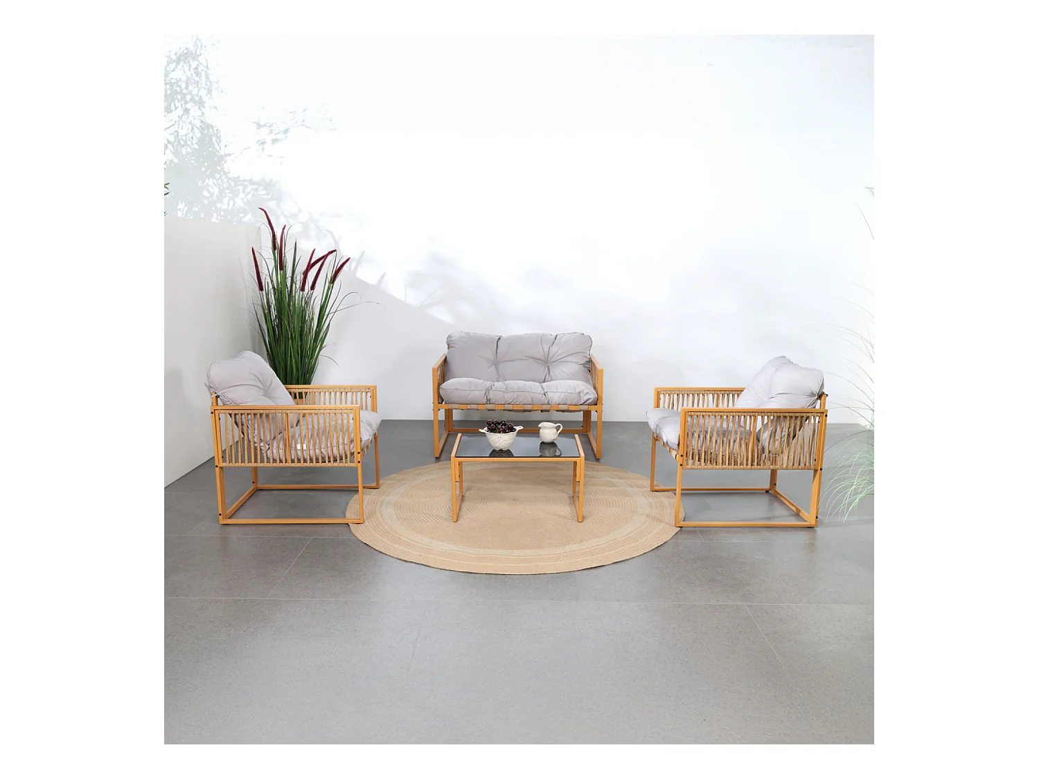 Salon de jardin 4 places effet rotin coussins gris clair TURINI