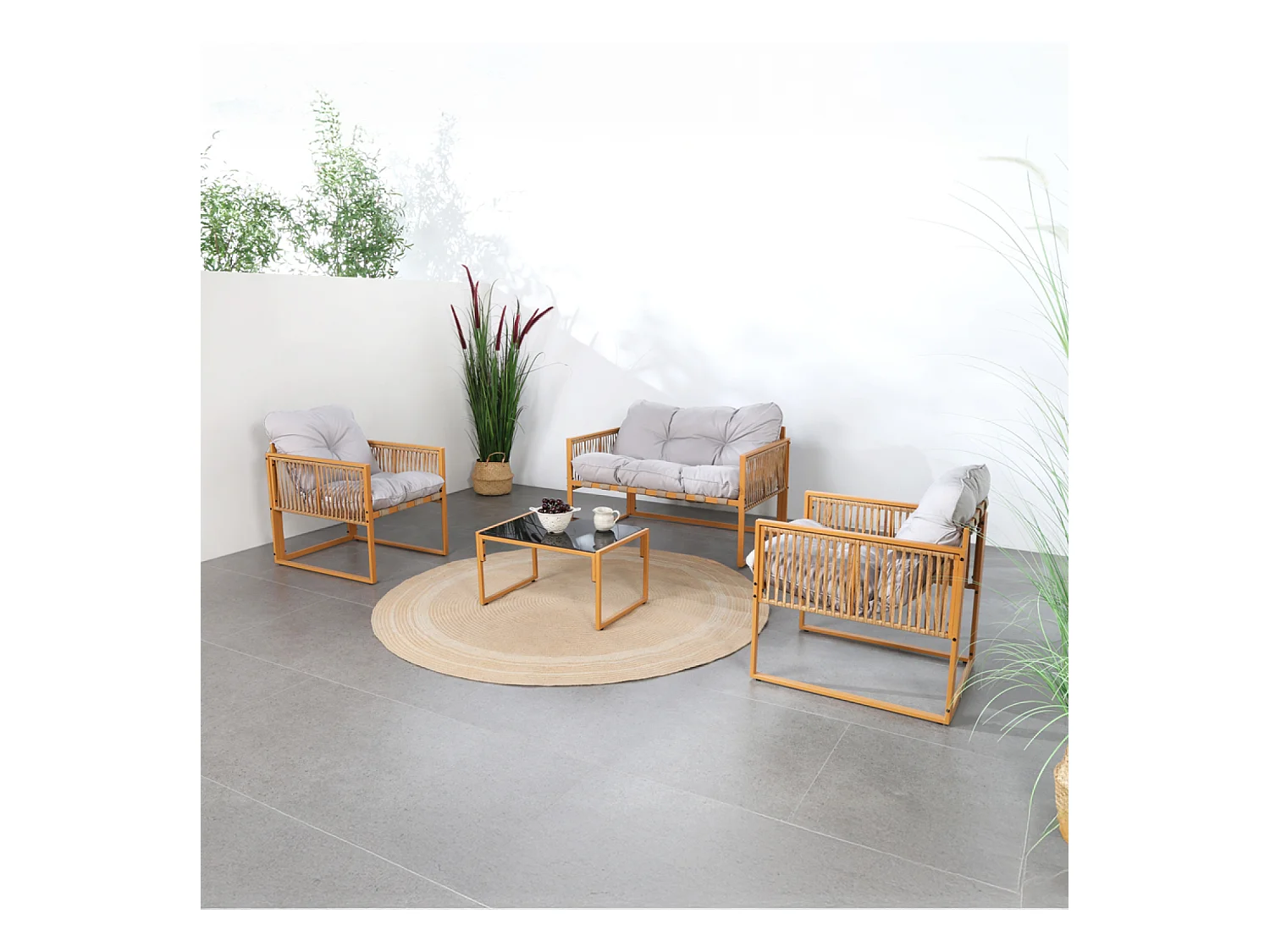 Salon de jardin 4 places effet rotin coussins gris clair TURINI