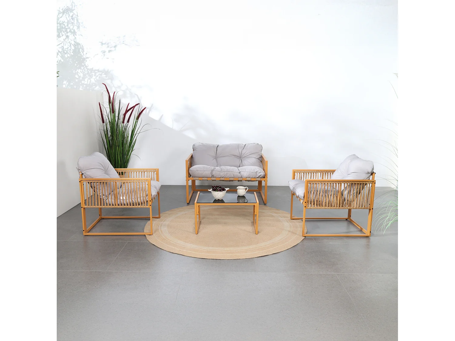 Salon de jardin 4 places effet rotin coussins gris clair TURINI