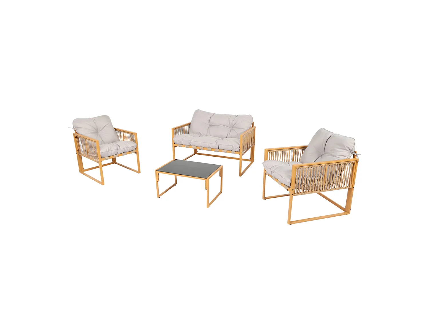 Mobili da giardino 4 posti effetto rattan con cuscini grigio chiaro TURINI