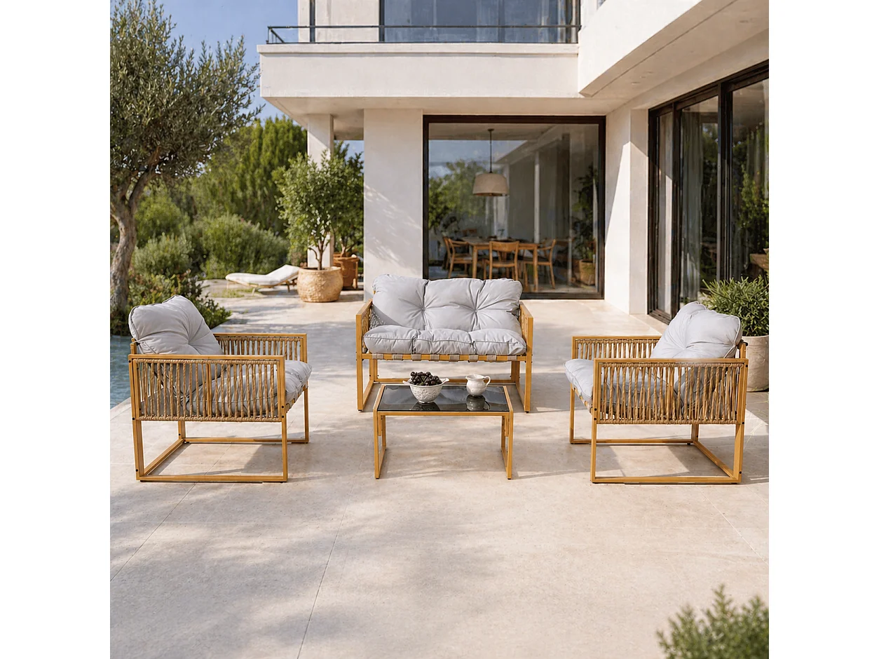 Mobili da giardino 4 posti effetto rattan con cuscini grigio chiaro TURINI