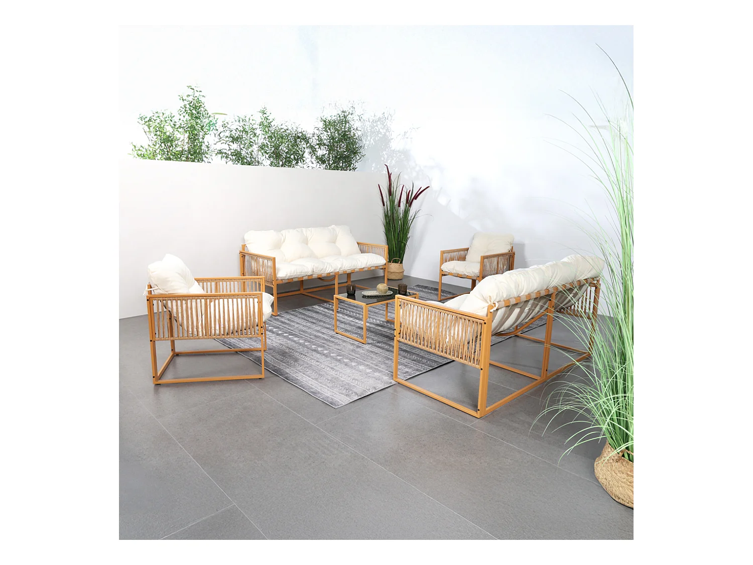 Salon de jardin 8 places effet rotin coussins blancs TURINI