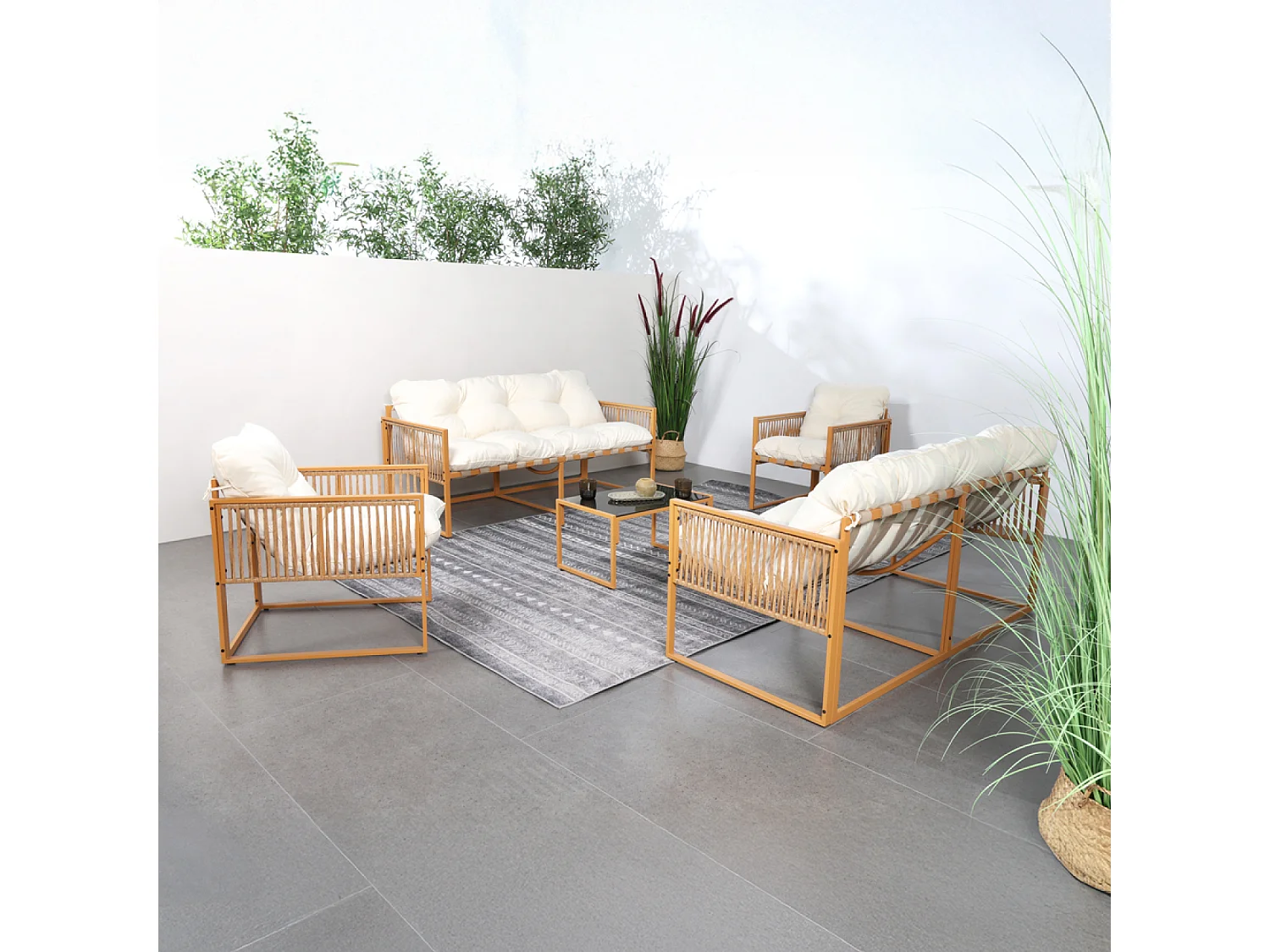 Mueble de jardín de 8 plazas efecto ratán con cojines blancos TURINI