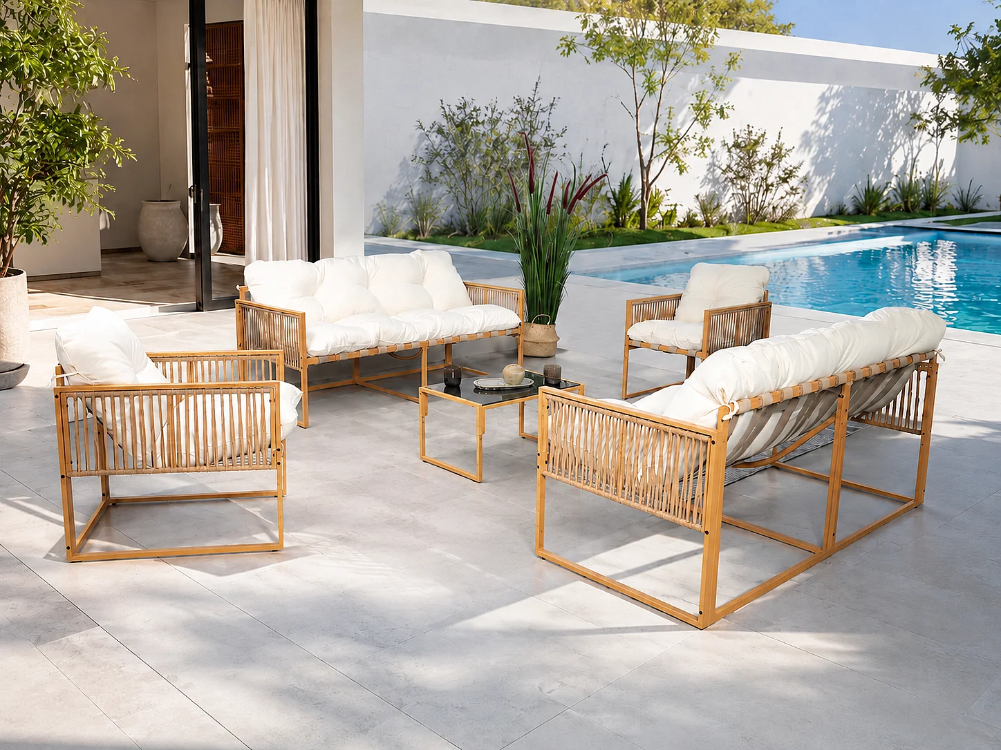 Mueble de jardín de 8 plazas efecto ratán con cojines blancos TURINI