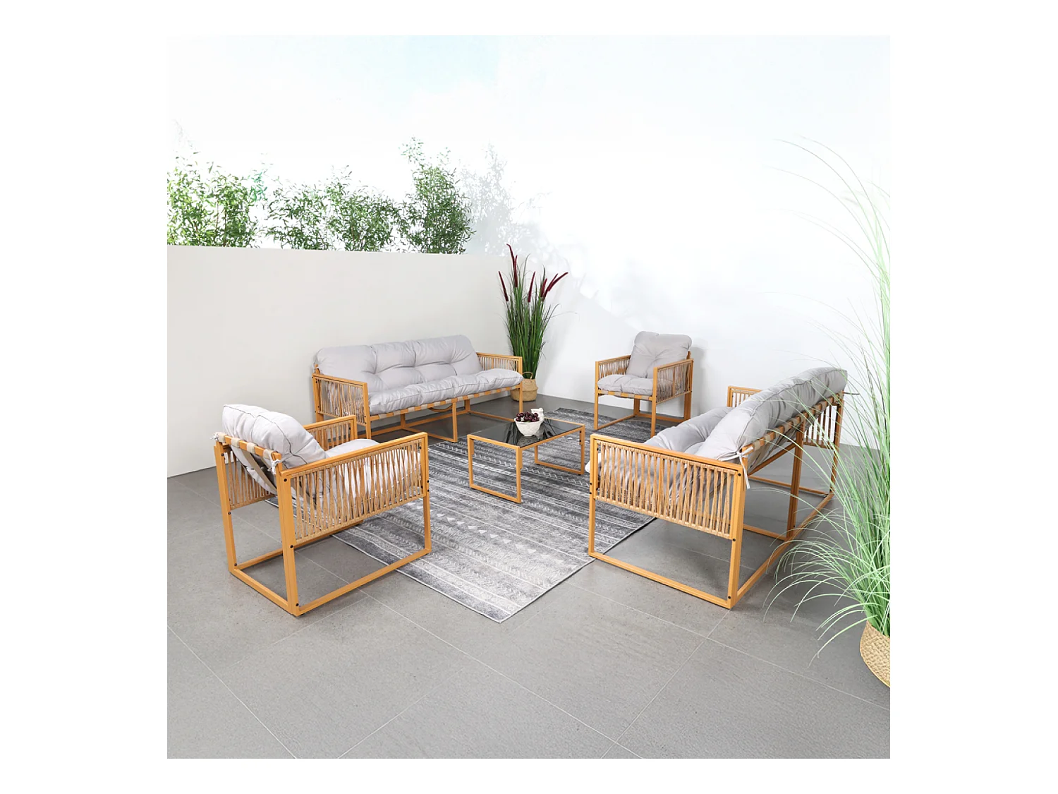 Salon de jardin 8 places effet rotin coussins gris clair TURINI