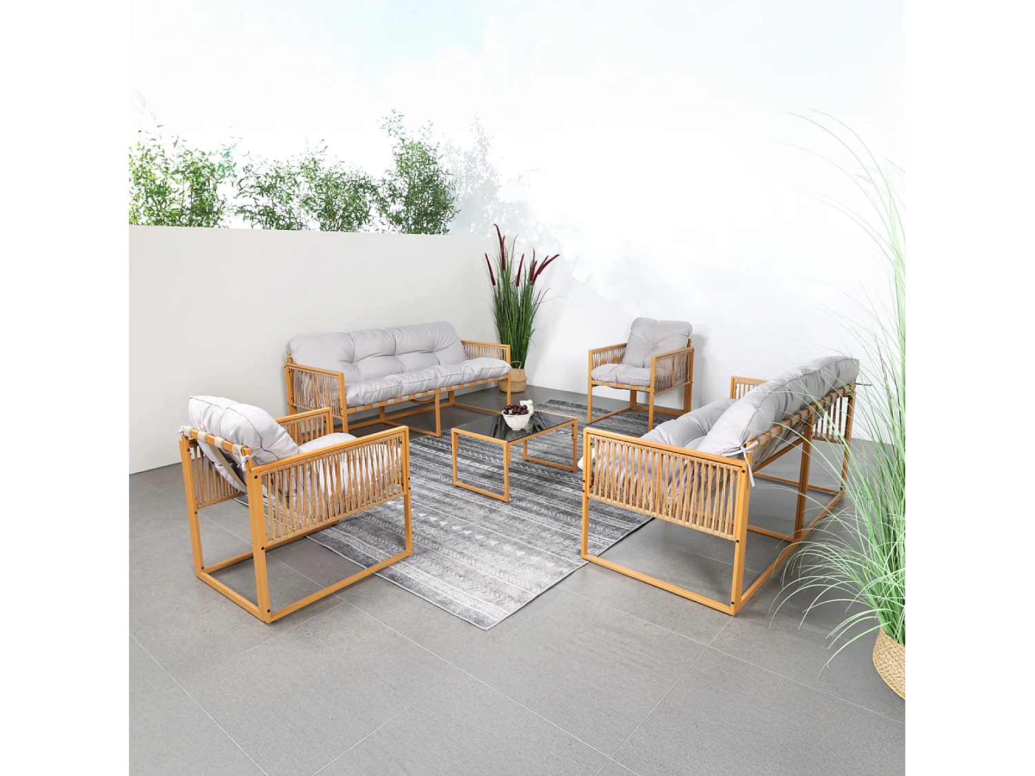 Salon de jardin 8 places effet rotin coussins gris clair TURINI