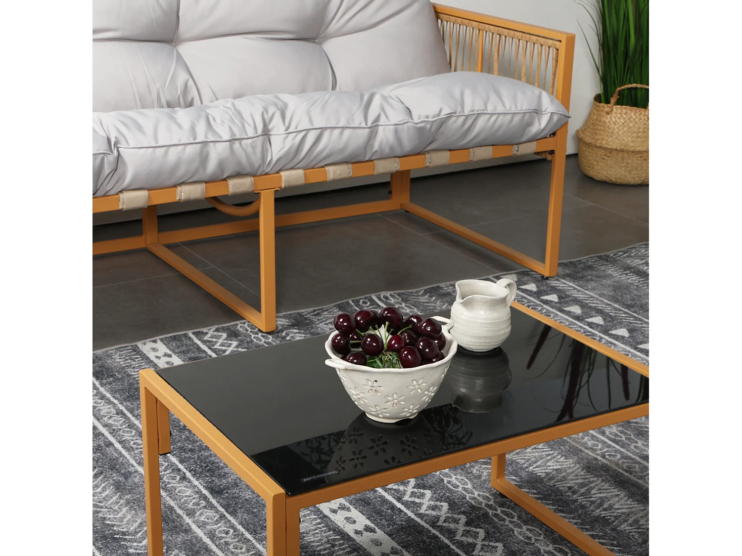 Salon de jardin 8 places effet rotin coussins gris clair TURINI