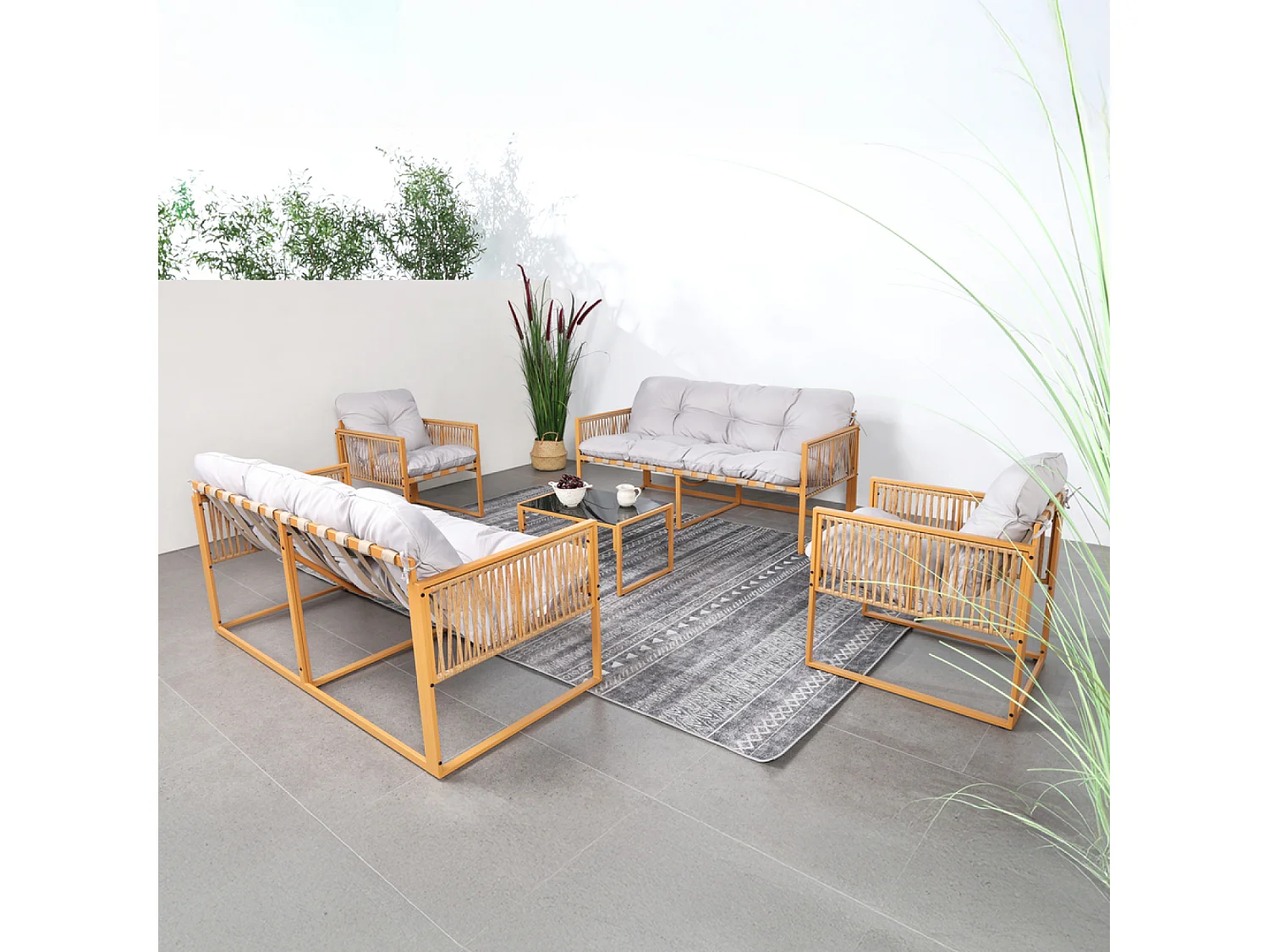 Salon de jardin 8 places effet rotin coussins gris clair TURINI