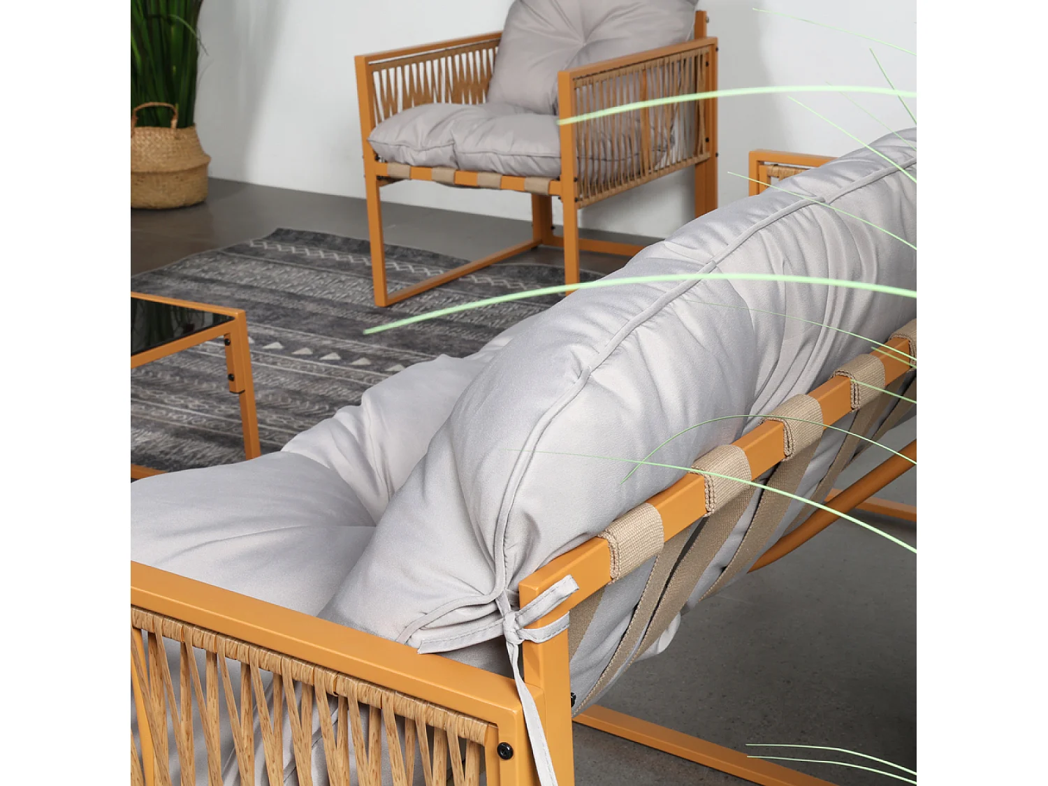 Salon de jardin 8 places effet rotin coussins gris clair TURINI