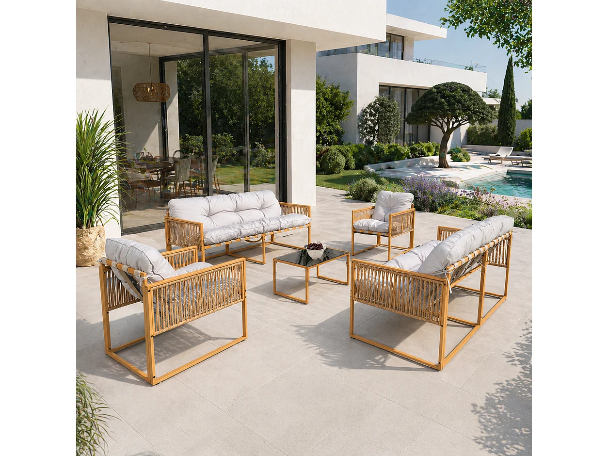 Salon de jardin 8 places effet rotin coussins gris clair TURINI