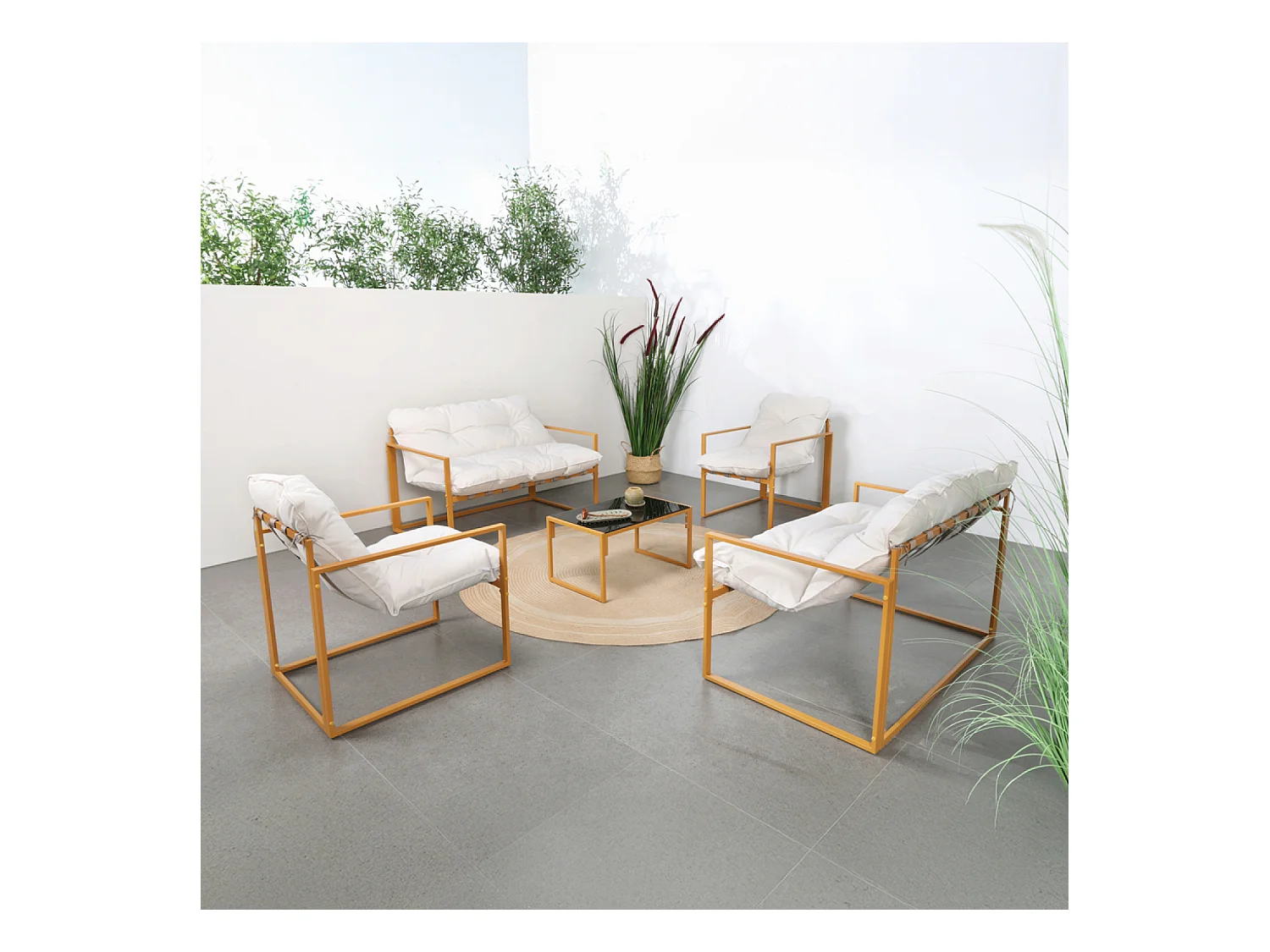 Salon de jardin 6 places contemporain marron et coussins beiges RABAT