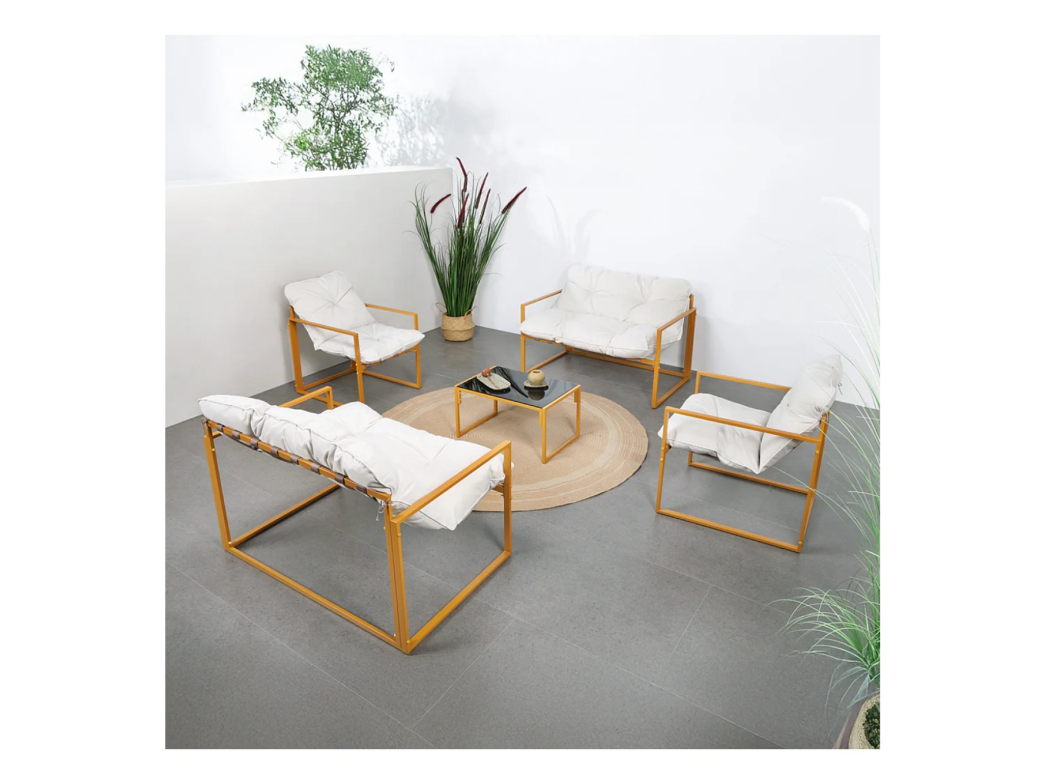 Salon de jardin 6 places contemporain marron et coussins beiges RABAT