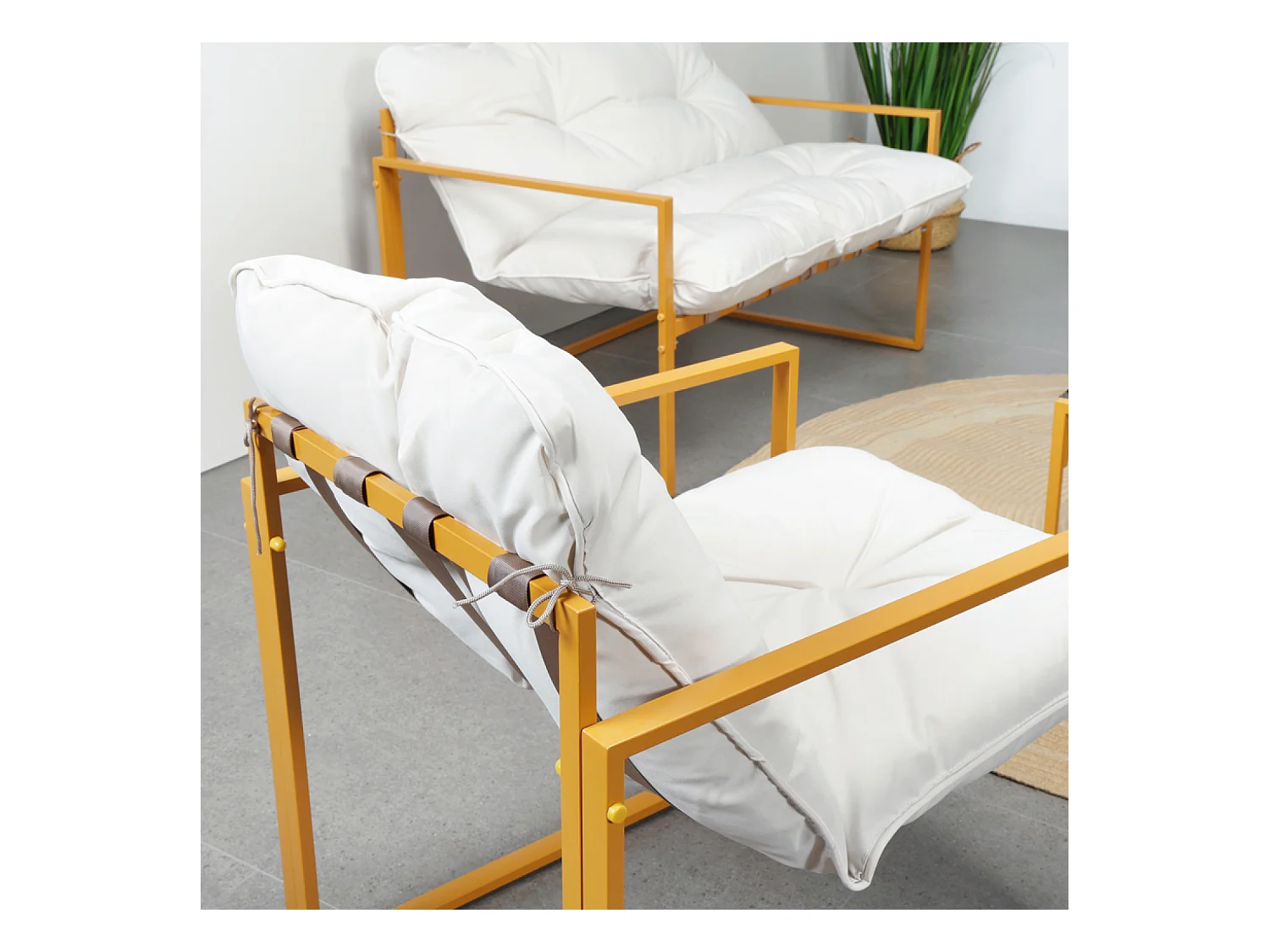 Salon de jardin 6 places contemporain marron et coussins beiges RABAT