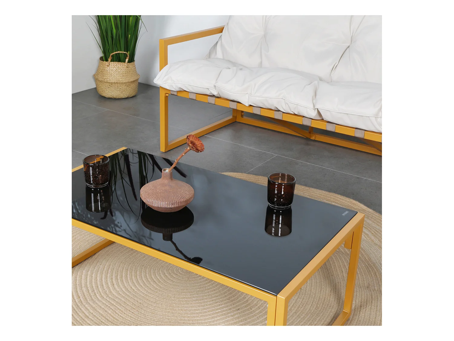 Salon de jardin 6 places contemporain marron et coussins beiges RABAT