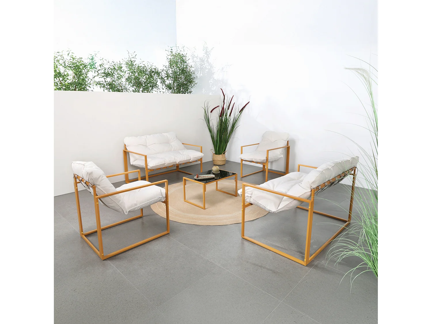 Salon de jardin 6 places contemporain marron et coussins beiges RABAT