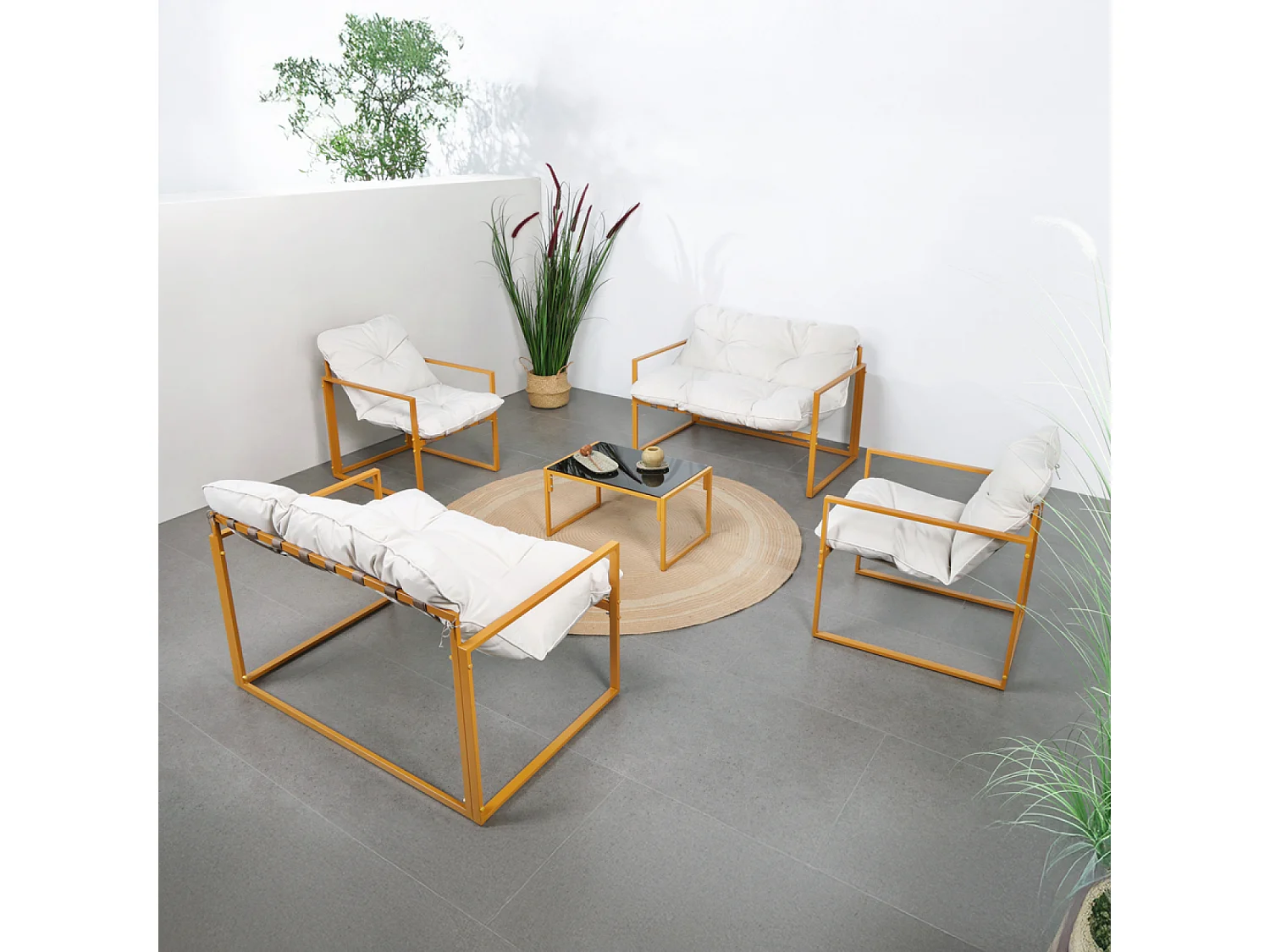 Salon de jardin 6 places contemporain marron et coussins beiges RABAT