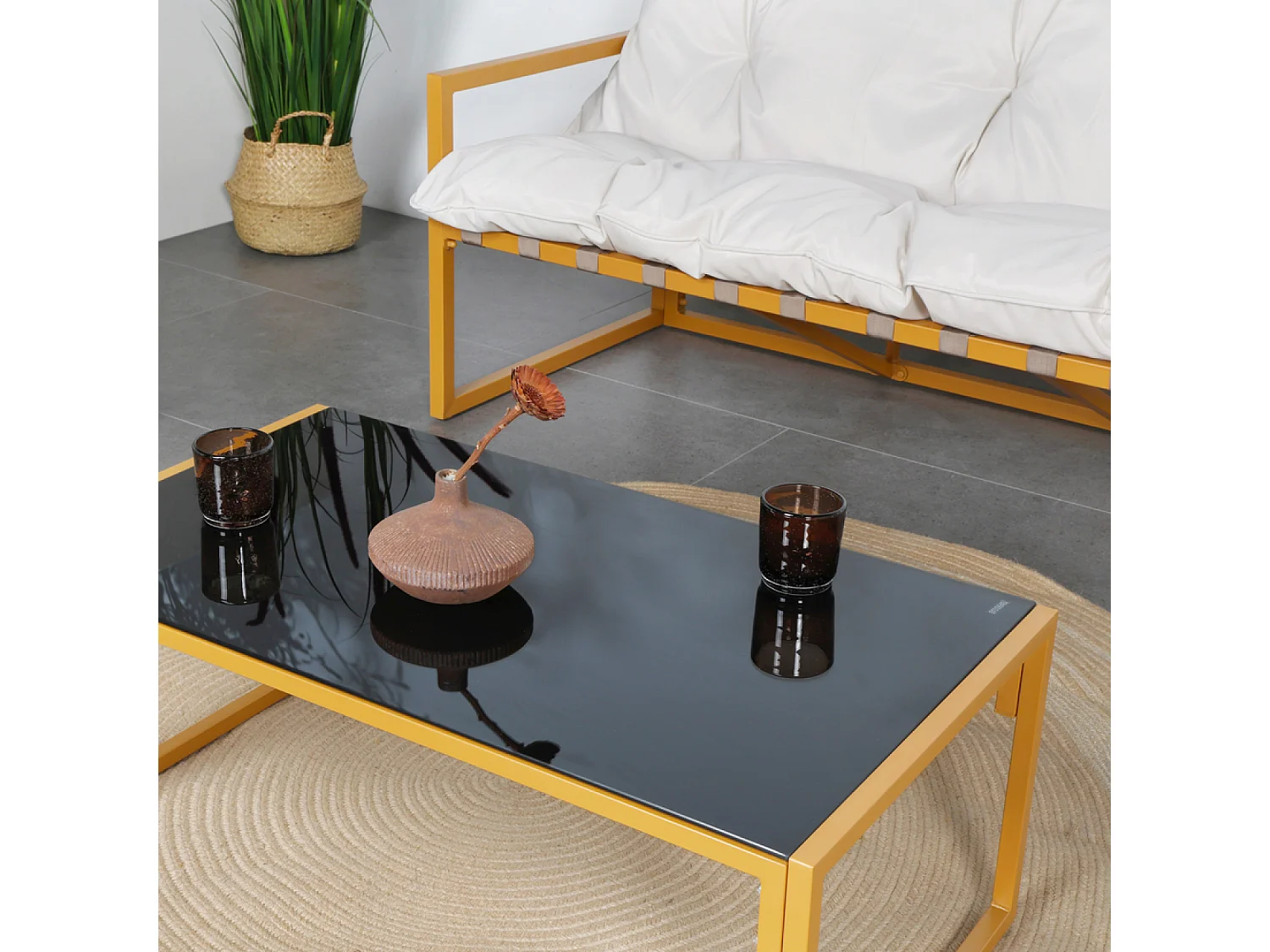 Salon de jardin 6 places contemporain marron et coussins beiges RABAT