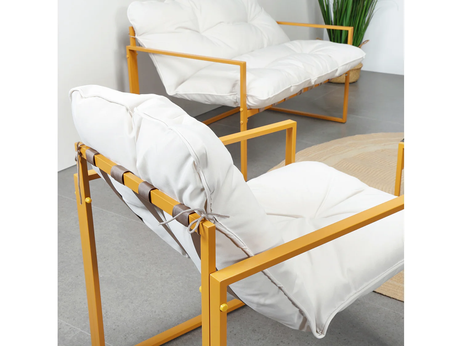 Salon de jardin 6 places contemporain marron et coussins beiges RABAT