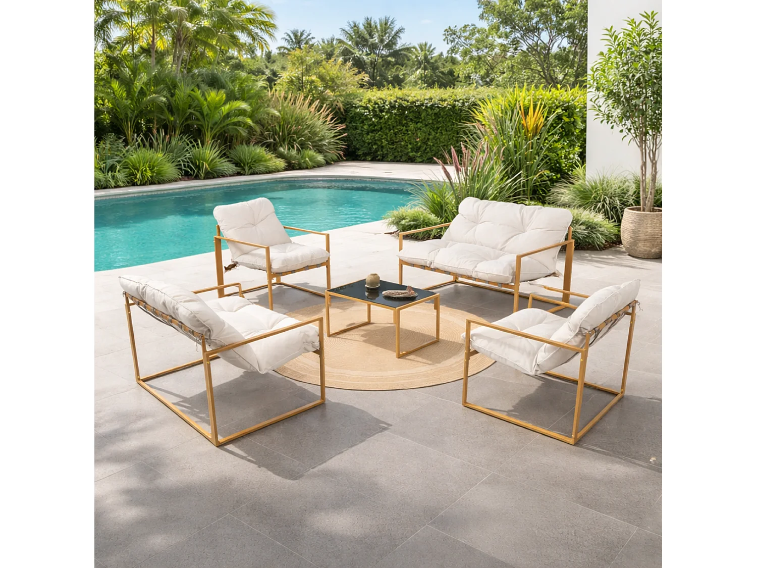 Hedendaagse tuinset 6 plaatsen bruin met beige kussens