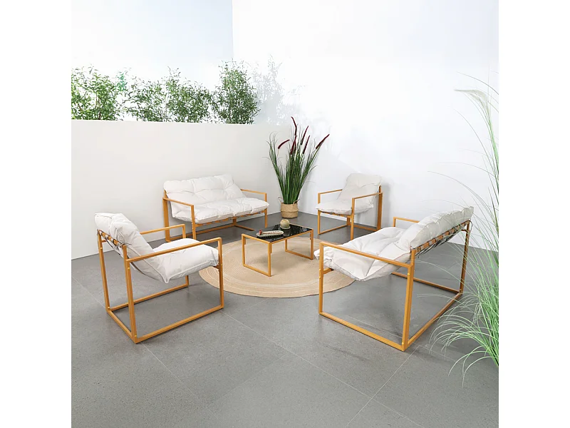 Salon de jardin 6 places contemporain marron et coussins beiges RABAT