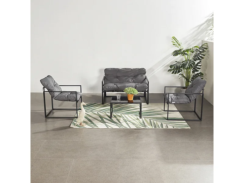 Zeitgenössisches 4-Sitzer Gartenmöbel-Set in Schwarz mit grauen Kissen und Couchtisch aus gehärtetem Glas