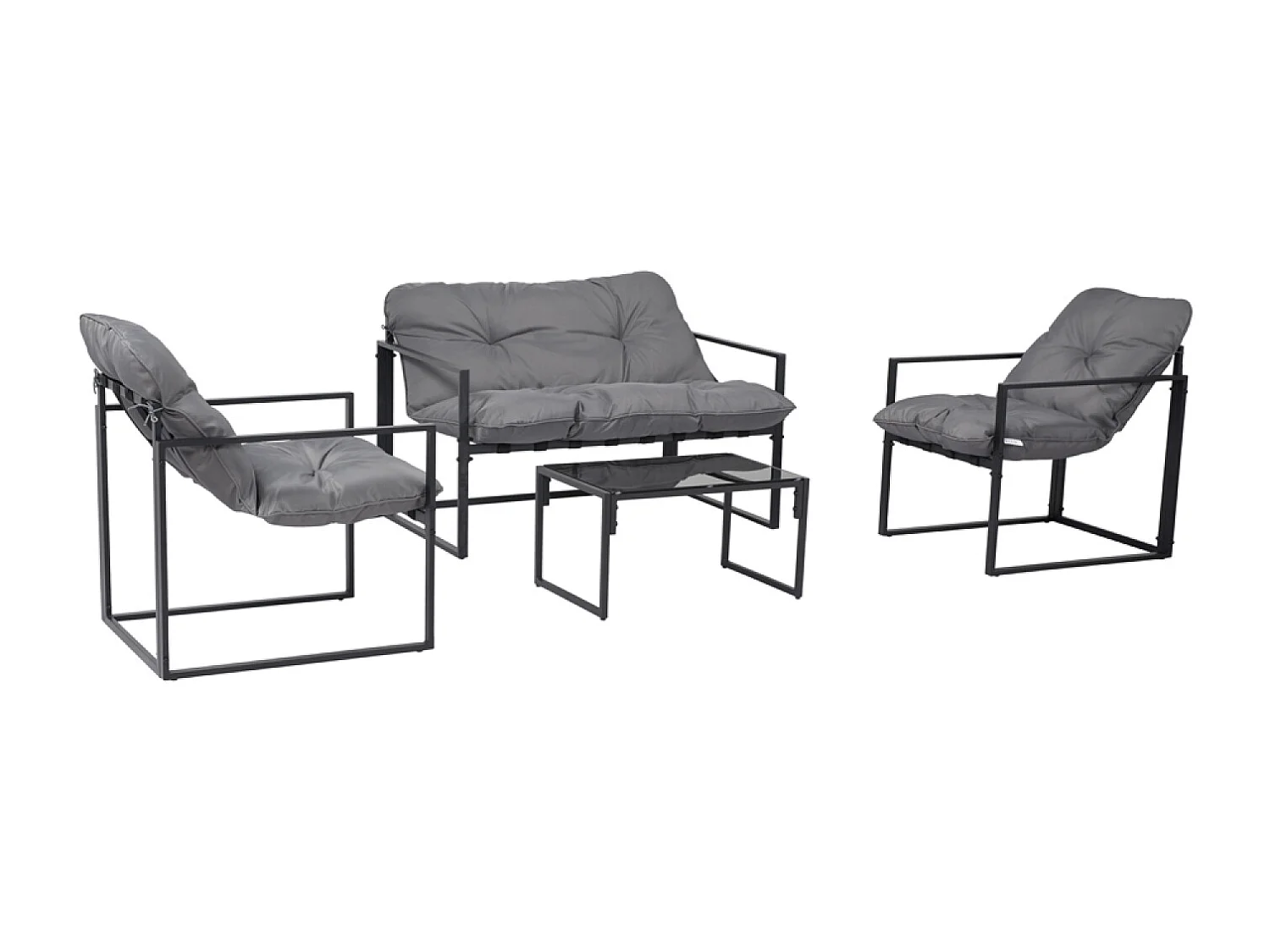 Eigentijdse 4-zits tuinset in zwart met grijze kussens en salontafel van gehard glas