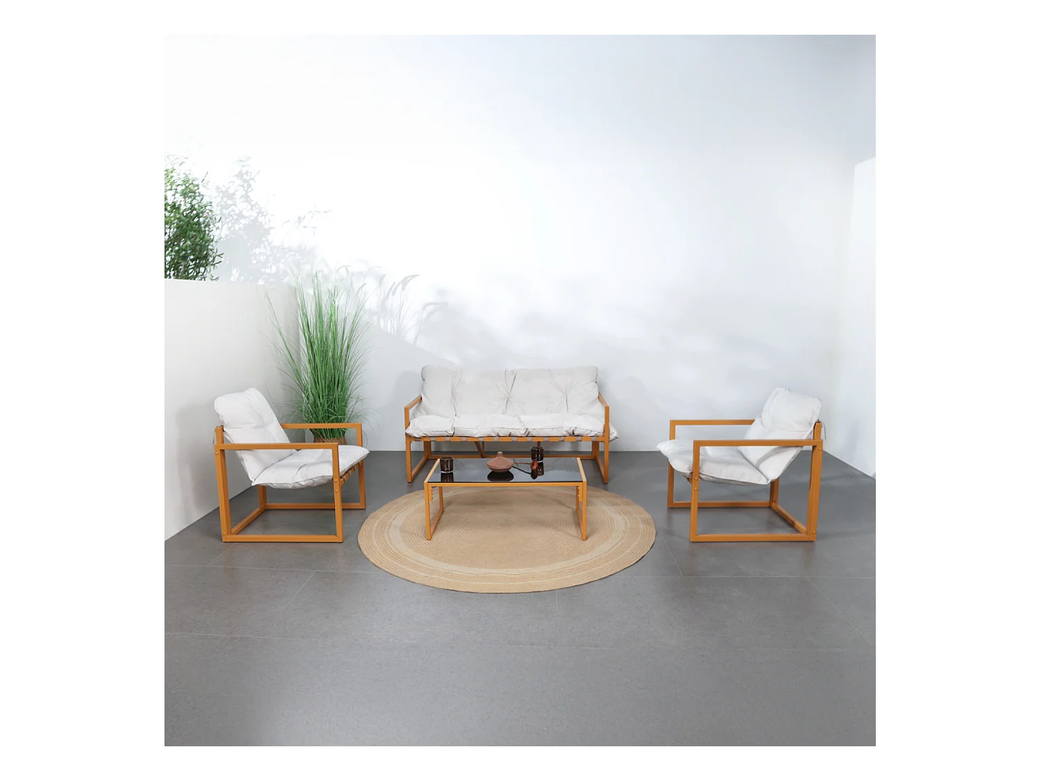 Salon de jardin 5 places contemporain marron et coussins beiges RABAT