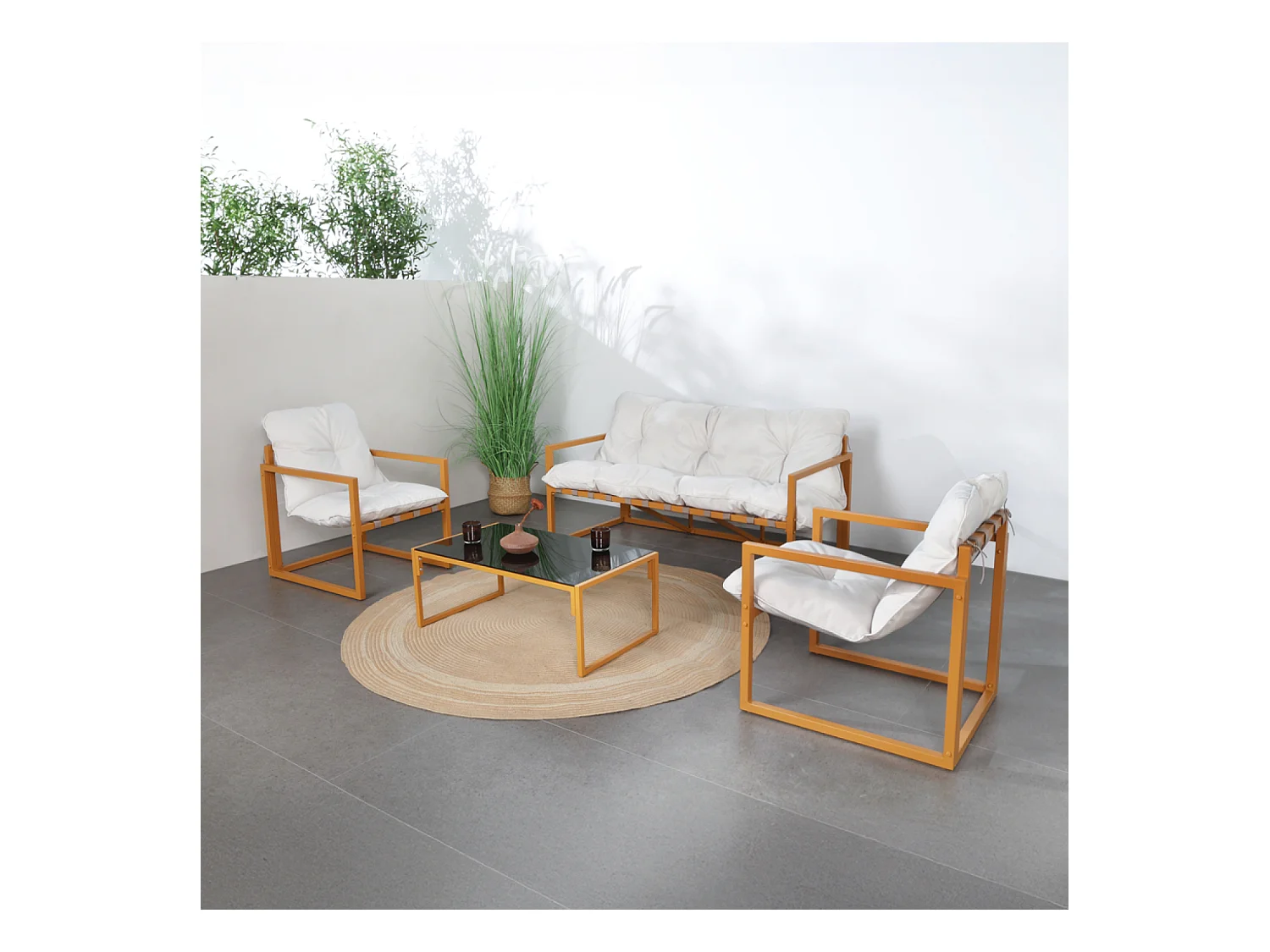 Salon de jardin 5 places contemporain marron et coussins beiges RABAT