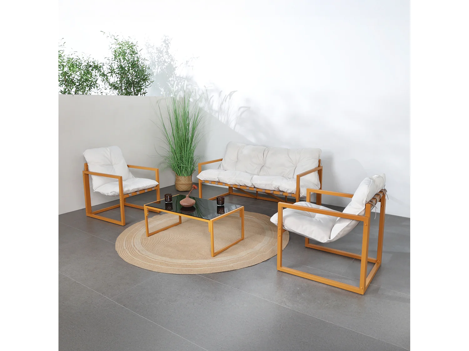 Salon de jardin 5 places contemporain marron et coussins beiges RABAT