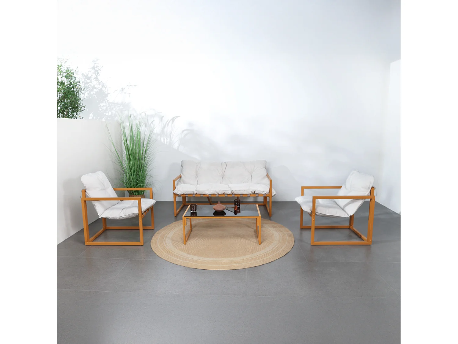 Salon de jardin 5 places contemporain marron et coussins beiges RABAT