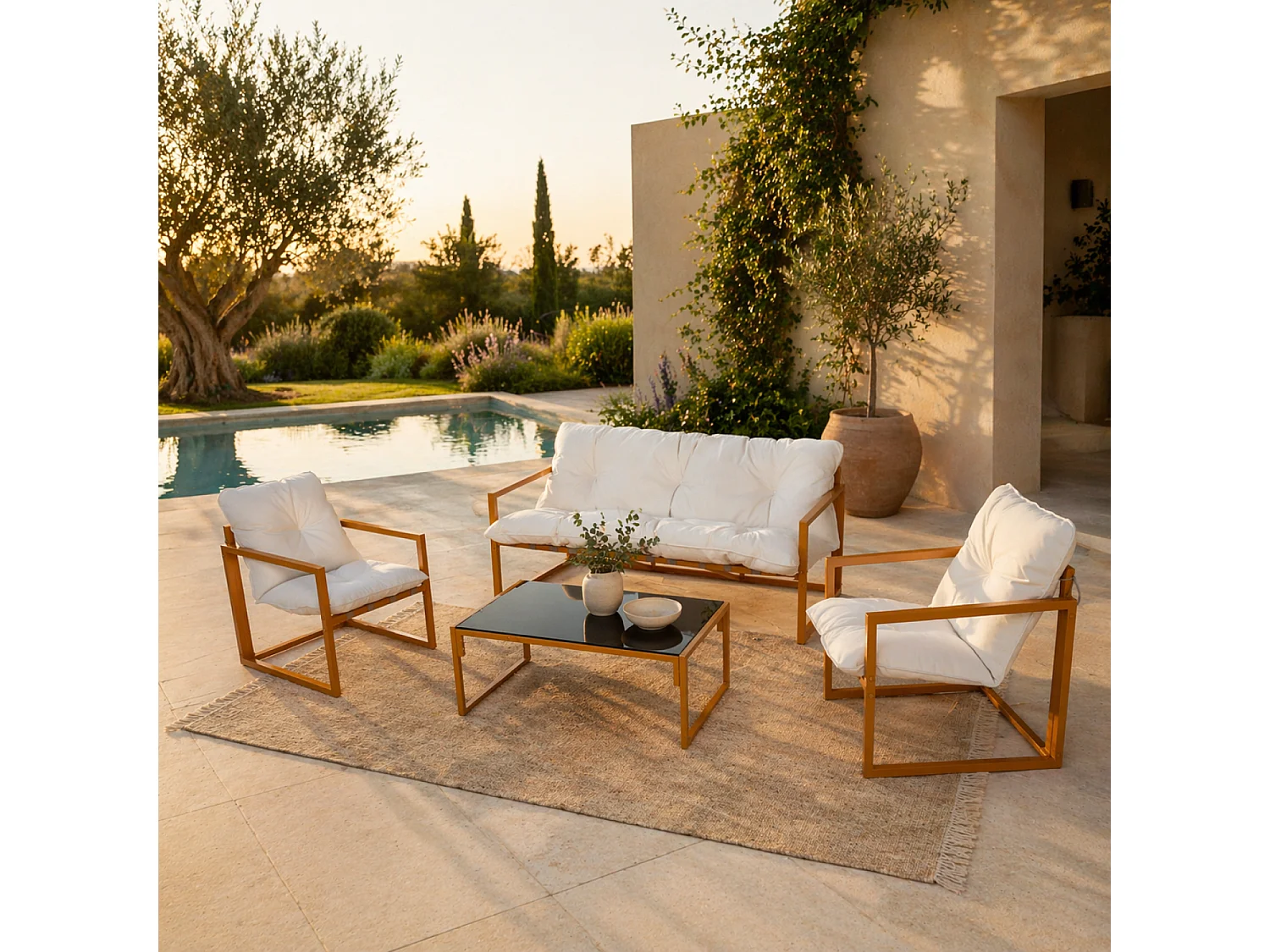 Salon de jardin 5 places contemporain marron et coussins beiges RABAT
