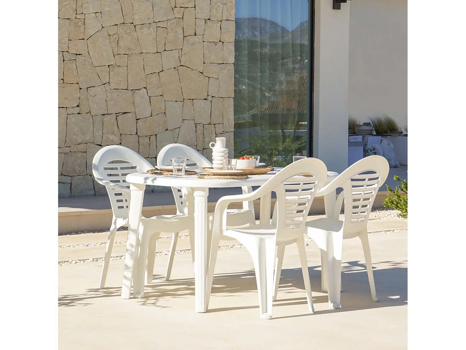 Table extensible 170x90x73cm blanche + 4 chaises ATLANTICA