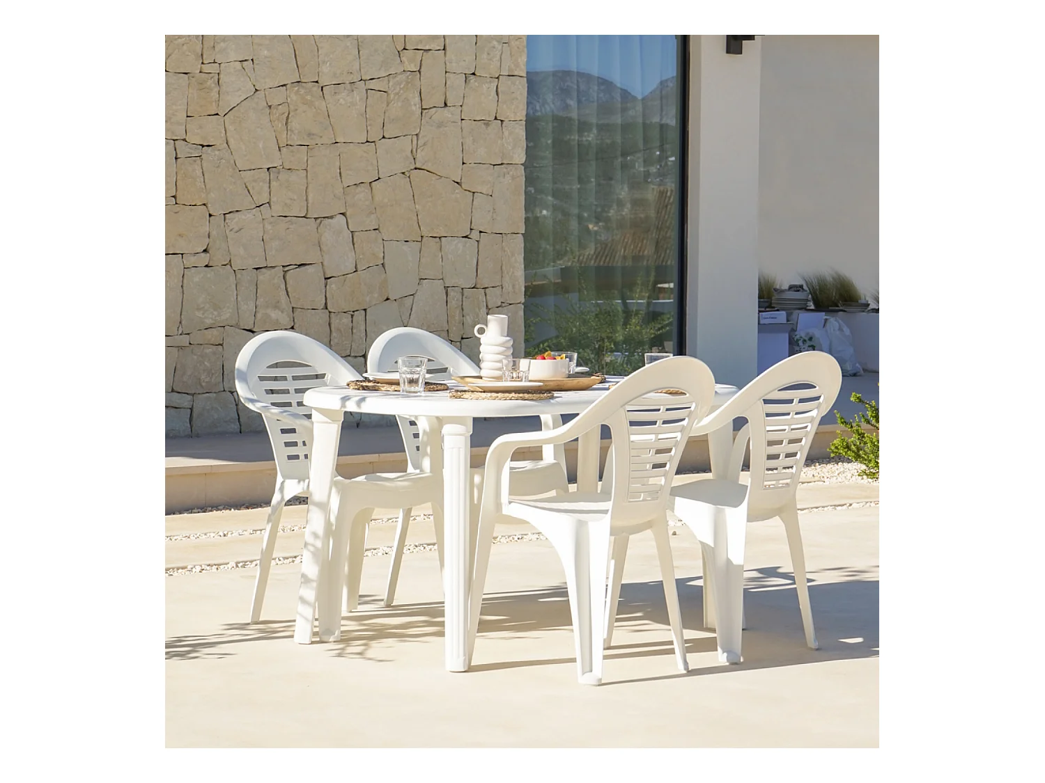 Table extensible 170x90x73cm blanche + 4 chaises ATLANTICA