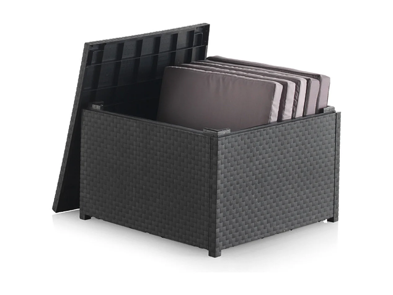 Conjunto de jardim 4 lugares em resina entrançada cinza com mesa e baú de arrumação - Confortável e resistente