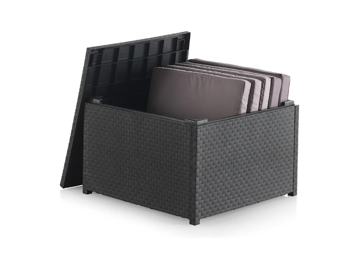 Mueble de jardín de 4 plazas en resina tejida con mesa y caja de almacenaje gris SOLIS