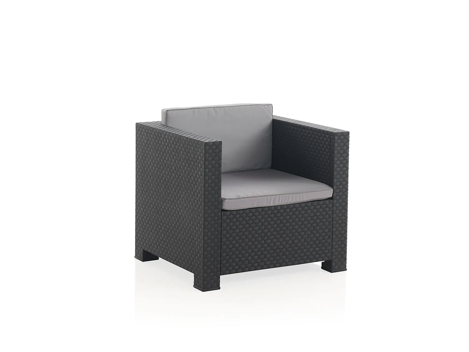Conjunto de jardim 4 lugares em resina entrançada cinza com mesa e baú de arrumação - Confortável e resistente