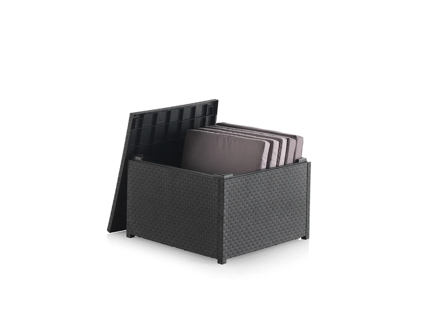 Conjunto de jardim 4 lugares em resina entrançada cinza com mesa e baú de arrumação - Confortável e resistente