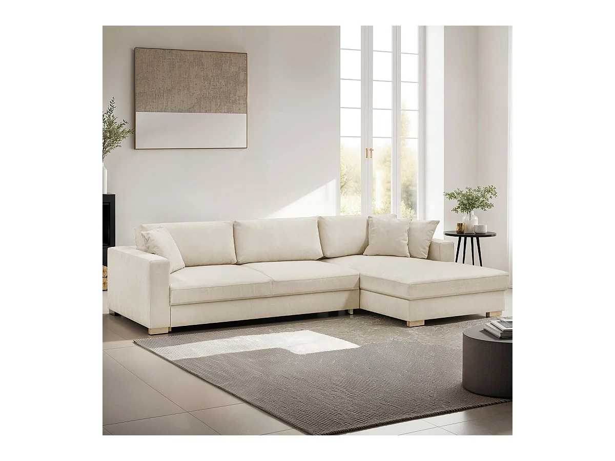 Canapé d'angle à droite convertible 5 places en tissu chenille beige - Robin