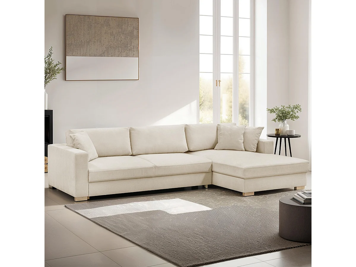 Canapé d'angle à droite convertible 5 places en tissu chenille beige - Robin