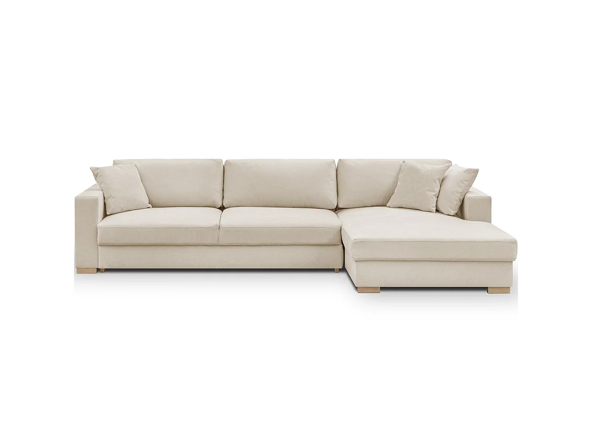 Canapé d'angle droit convertible 5 places en tissu chenille beige