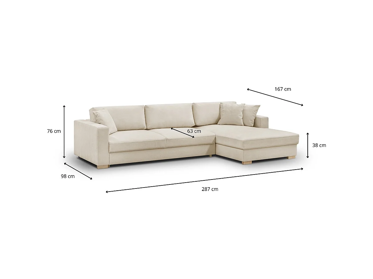 Canapé d'angle droit convertible 5 places en tissu chenille beige